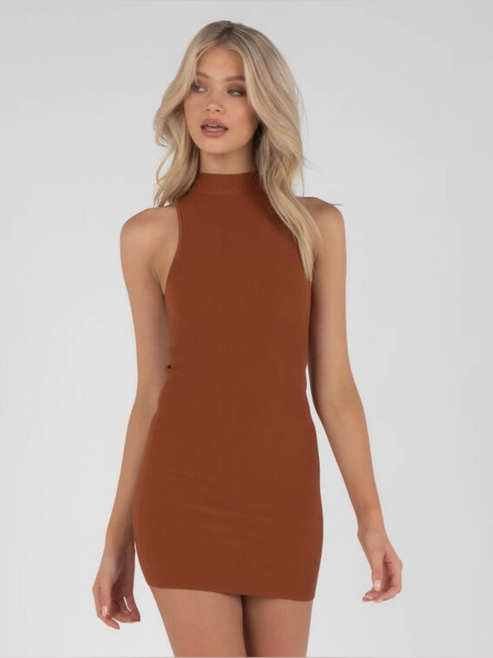 Ava & Ever Ribbed Mock Neck Sleeveless Date Night Bodycon Dress | Pecan | 8